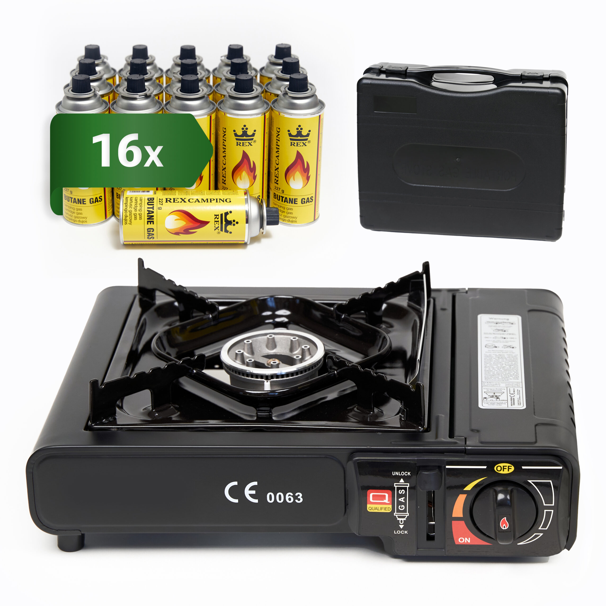 16x Camping Gaskocher 1 flammig + 16 Gaskartuschen MSF-1a + Koffer