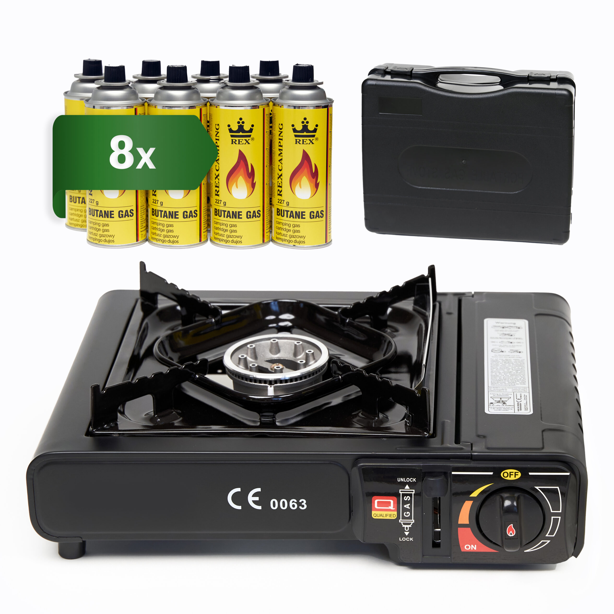 8x Camping Gaskocher 1 flammig + 8 Gaskartuschen MSF-1a + Koffer